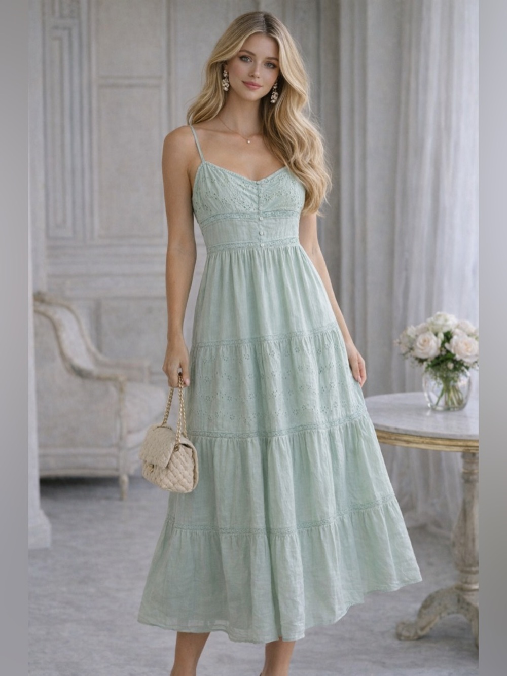 Mint Green Eyelet Tiered Dress | Smocked Back Boho Sundress S/M